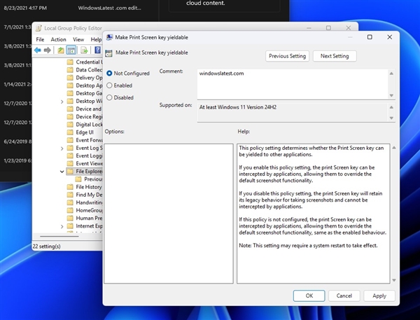 Win11测试组策略：第三方应用可接管Print Screen键截图功能
