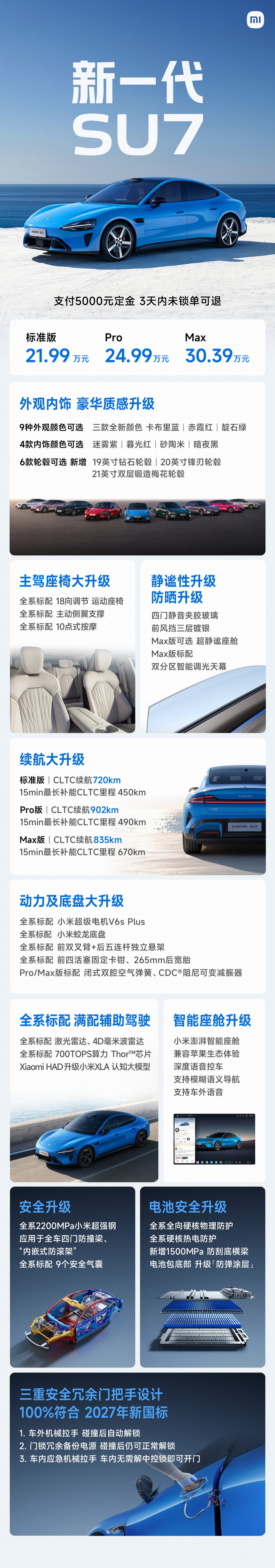 小米新一代SU7上市，各版本售价及特色配置介绍