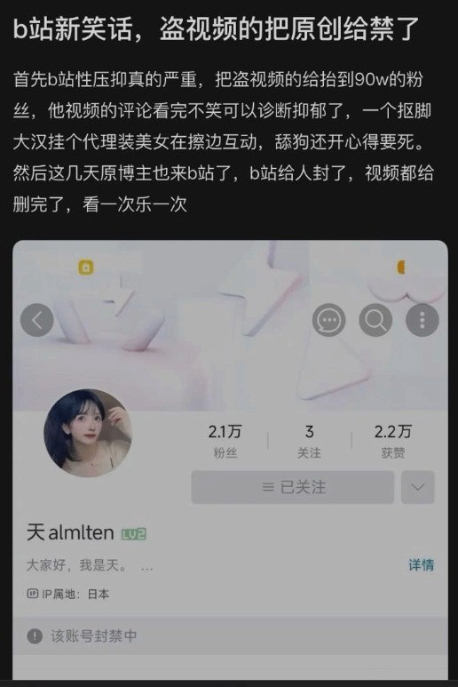 搬运工盗视频赚大钱，原作者维权反被B站封号