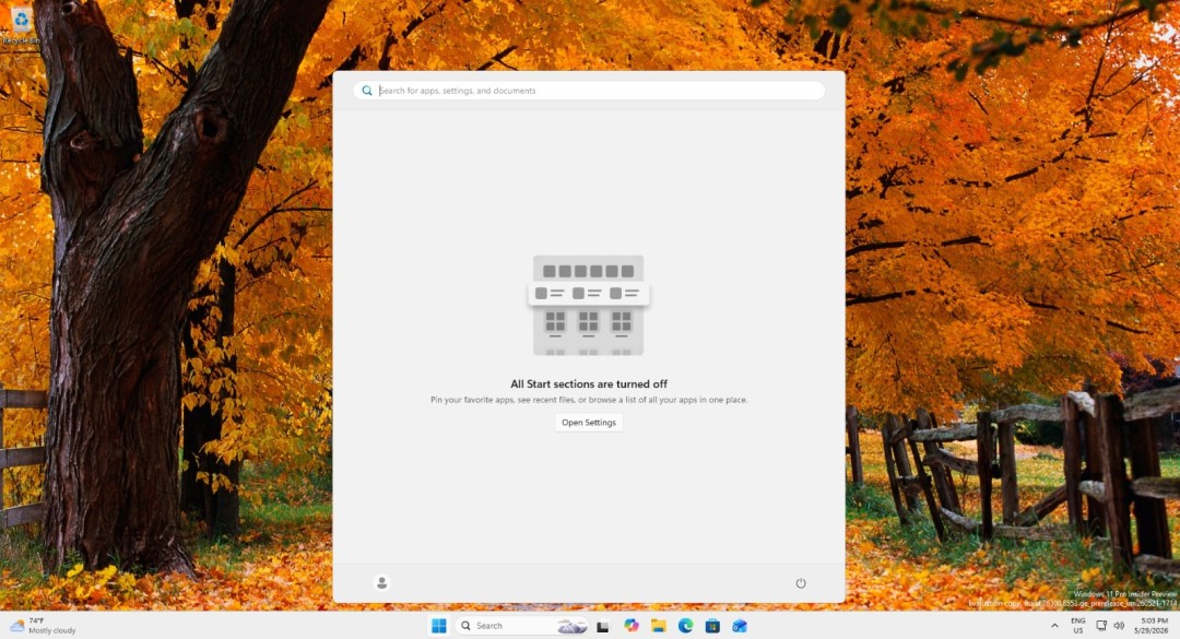 Windows 11开始菜单能变全空白，极简党可以自己关了