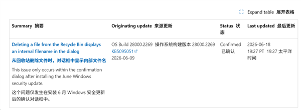 Win安装六月更新后回收站Bug：删除确认对话框文件名显示有误