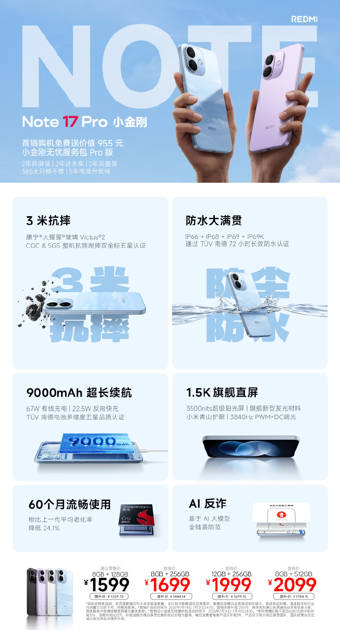 Redmi Note 17 Pro发布：9000mAh大电池+抗摔防水，1599元起