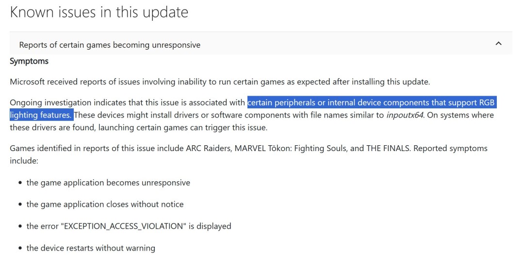 Windows 11 KB5121003更新致部分多人游戏无响应，与灯效驱动有关